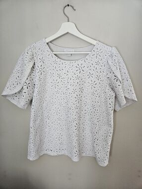 Charter Club Womens White Lace Short Sleeve Blouse Top Lush Garden Bright White